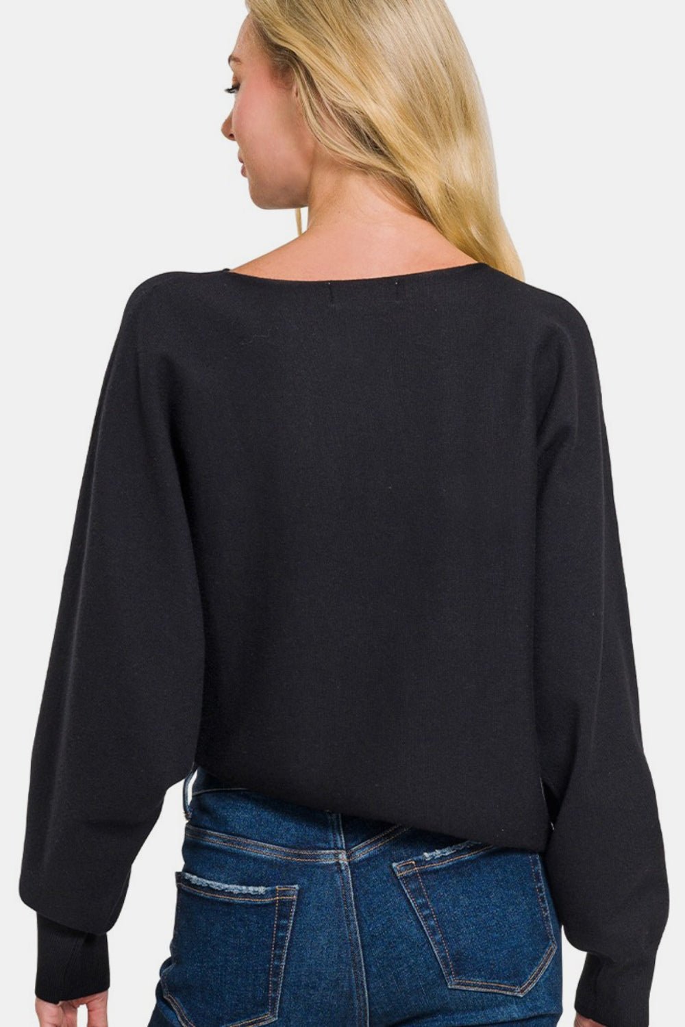 Zenana Asymmetric Hem Long Sleeve Sweater - Sweater - Black - Bella Bourget