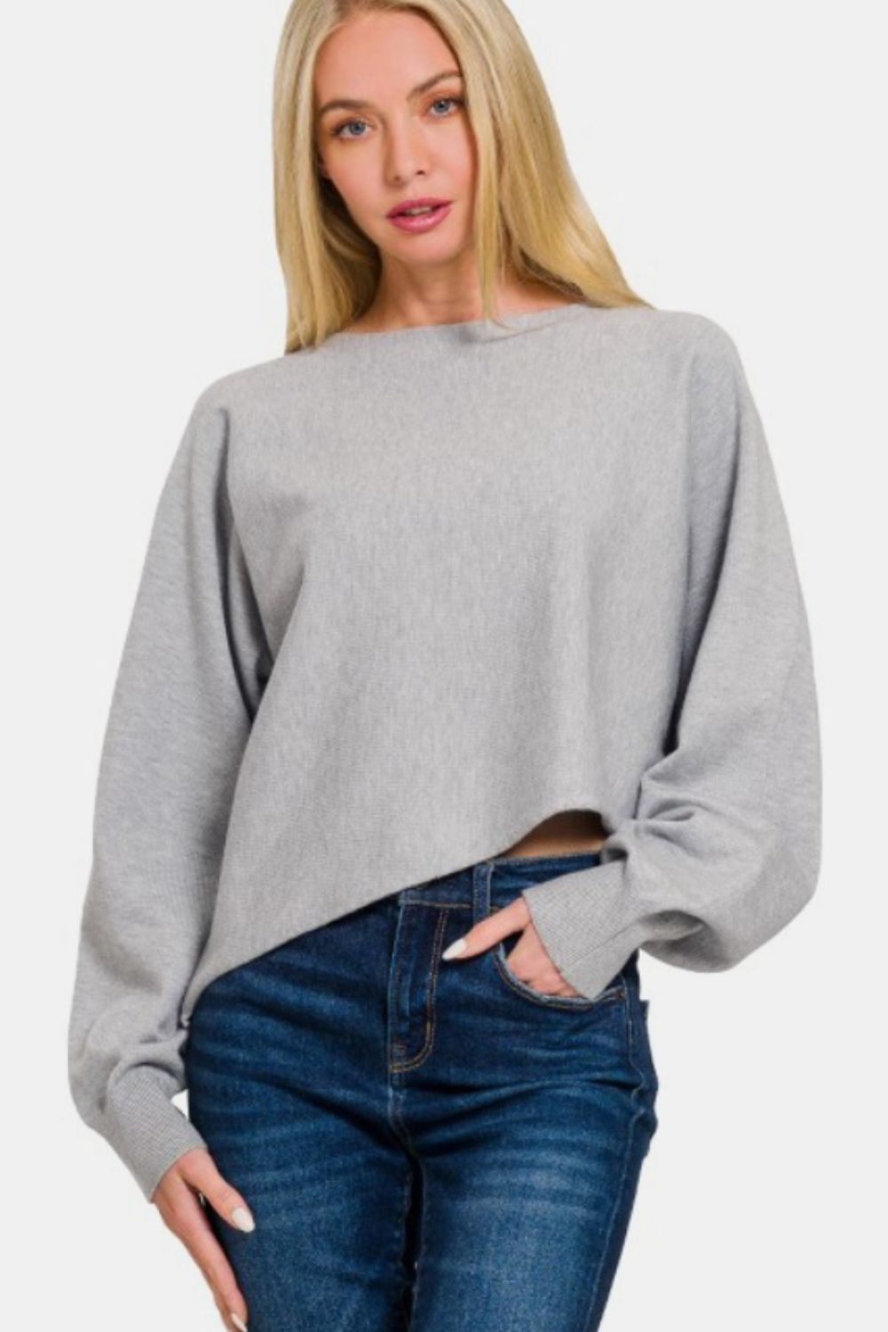 Zenana Asymmetric Hem Long Sleeve Sweater - Sweater - H Grey - Bella Bourget