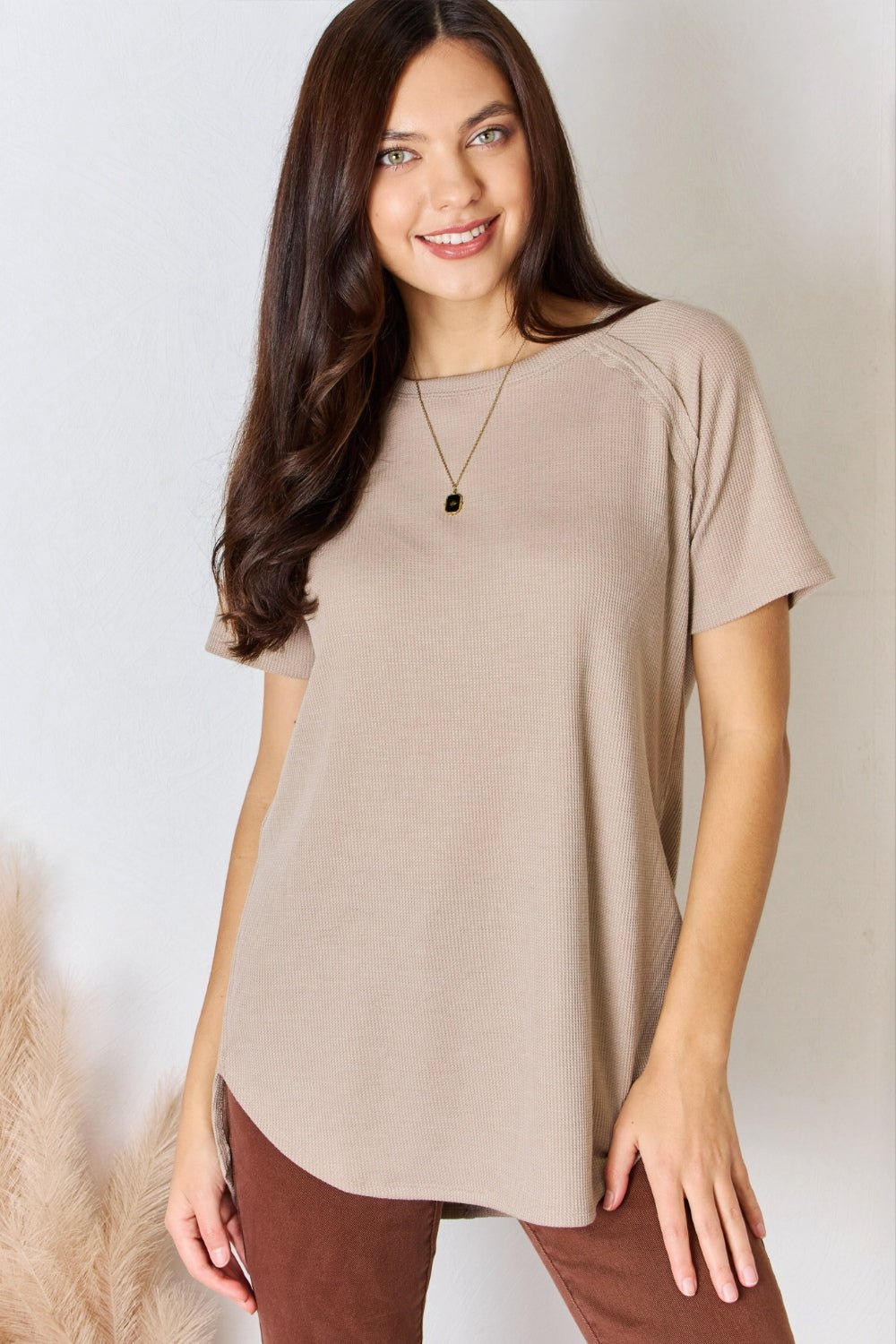 Zenana Baby Waffle Short Sleeve Slit High - Low T - Shirt - Top - Light Mocha - Bella Bourget