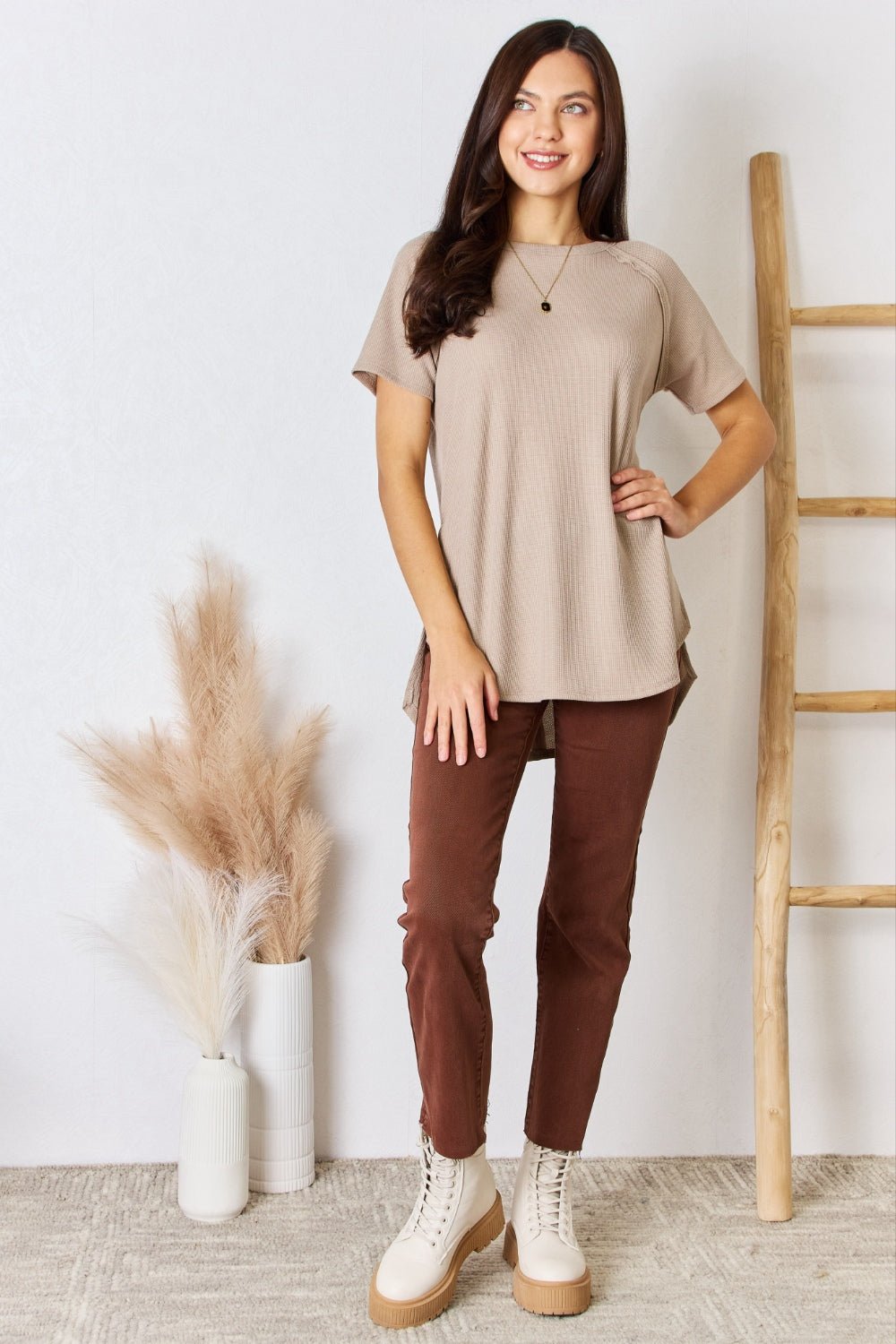 Zenana Baby Waffle Short Sleeve Slit High - Low T - Shirt - Top - Light Mocha - Bella Bourget