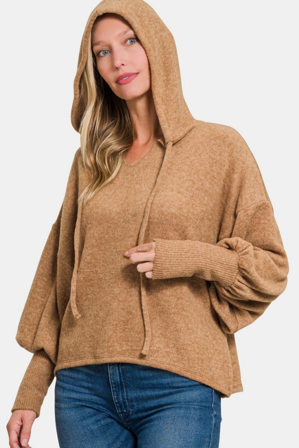 Zenana Brushed Hacci Drop Shoulder Cropped Hoodie - Hoodie - Deep Camel - Bella Bourget