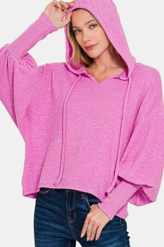 Zenana Brushed Hacci Drop Shoulder Cropped Hoodie - Hoodie - Bright Mauve - Bella Bourget