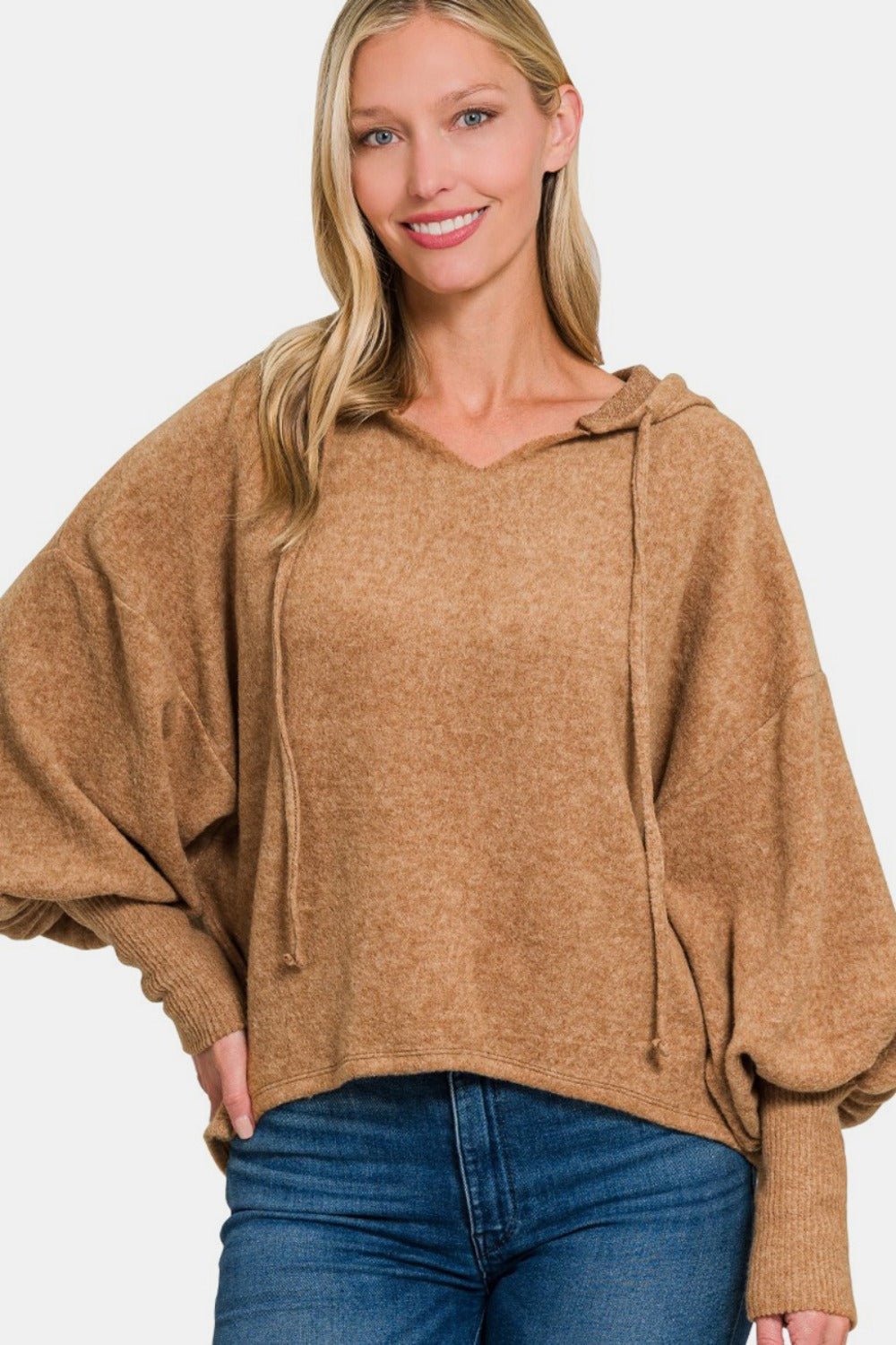 Zenana Brushed Hacci Drop Shoulder Cropped Hoodie - Hoodie - Deep Camel - Bella Bourget