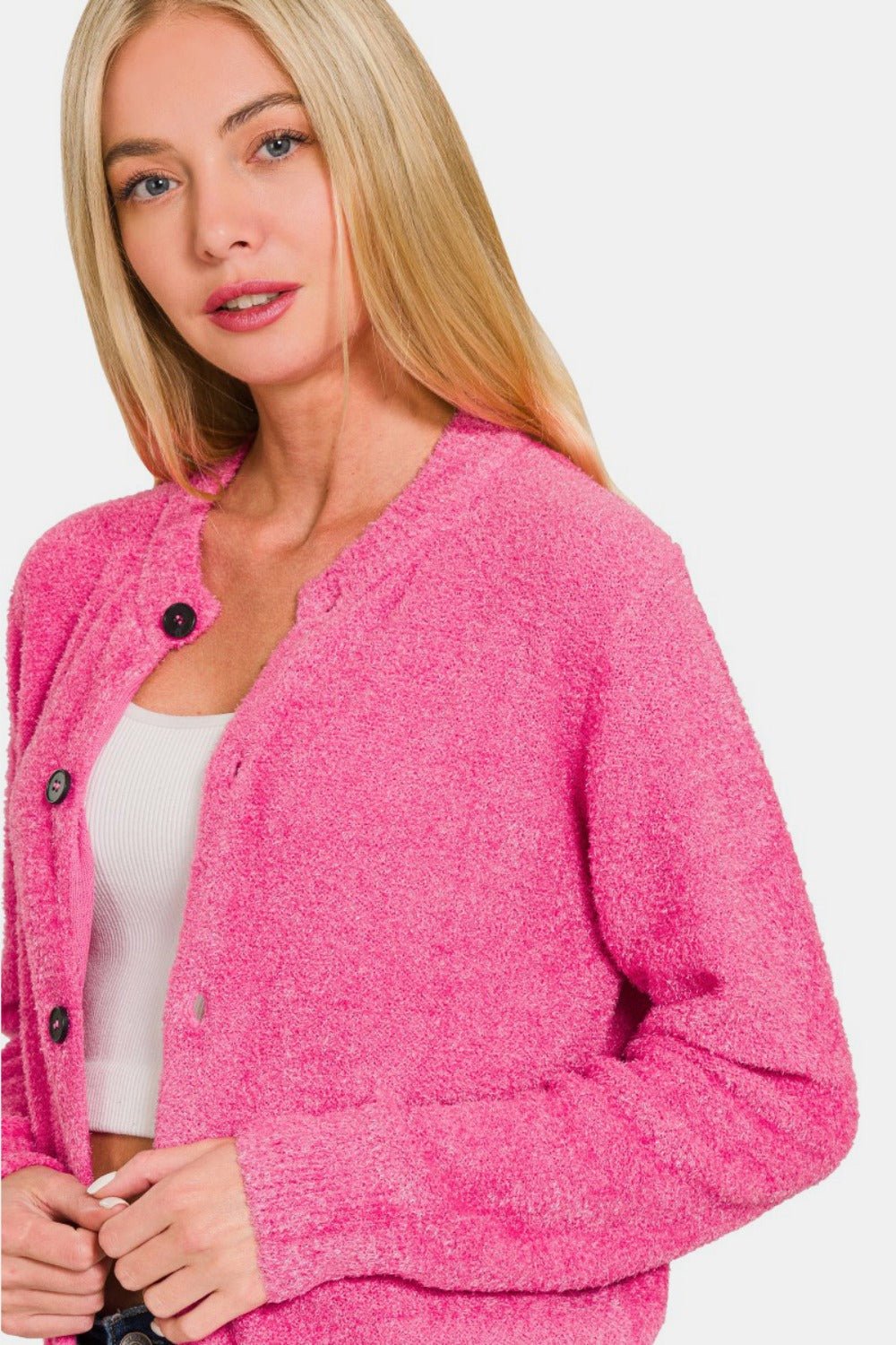 Zenana Button Down Long Sleeve Sweater Cardigan - Sweater - Fuchsia - Bella Bourget