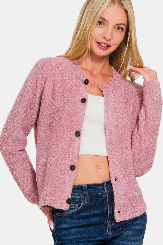 Zenana Button Down Long Sleeve Sweater Cardigan - Cardigan - Lt Rose - Bella Bourget