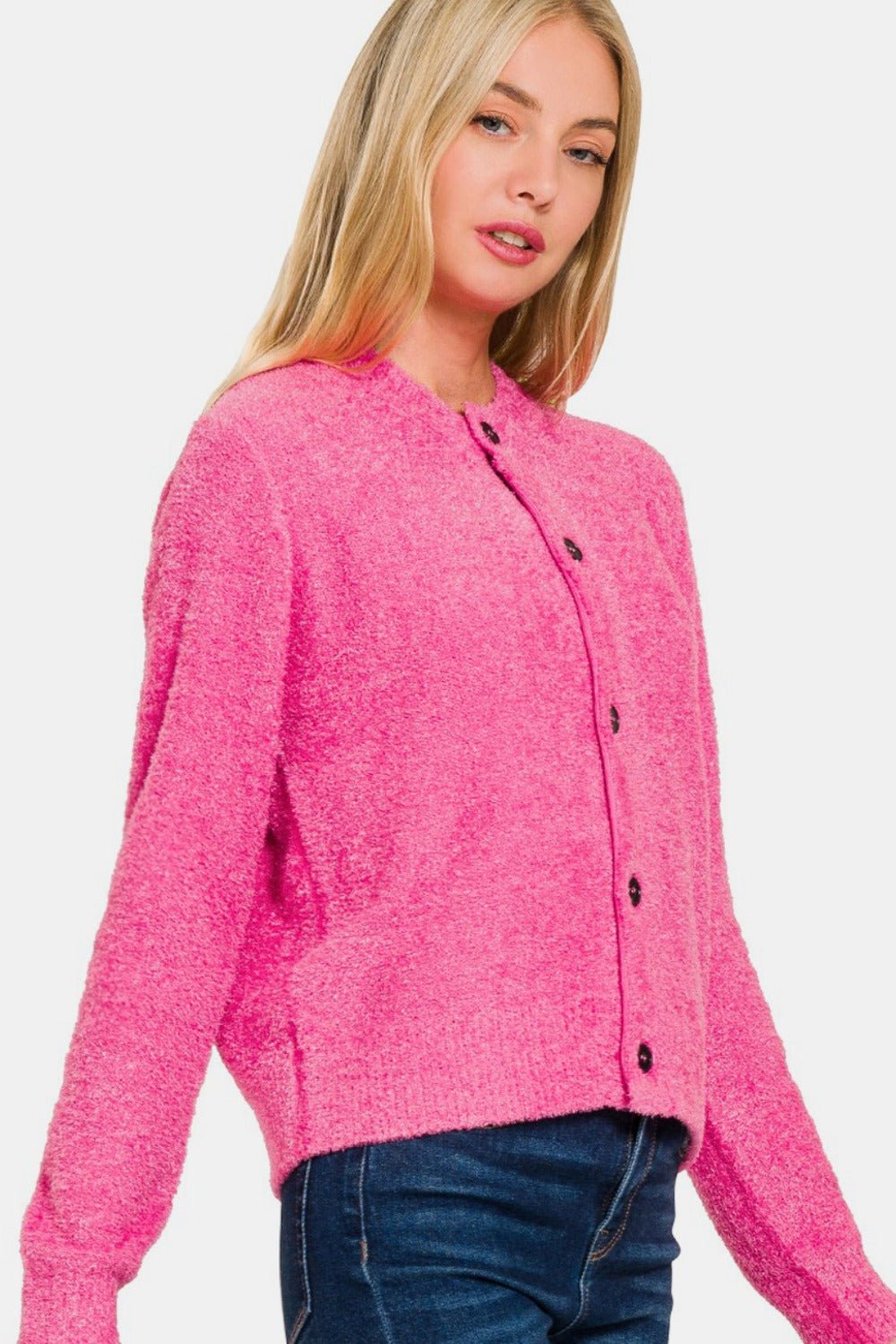 Zenana Button Down Long Sleeve Sweater Cardigan - Sweater - Fuchsia - Bella Bourget