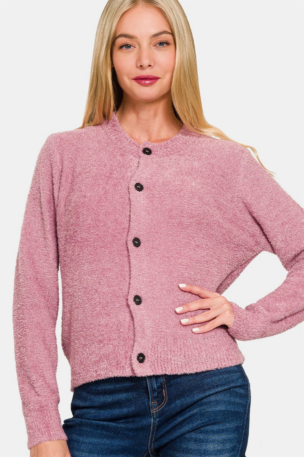 Zenana Button Down Long Sleeve Sweater Cardigan - Cardigan - Lt Rose - Bella Bourget