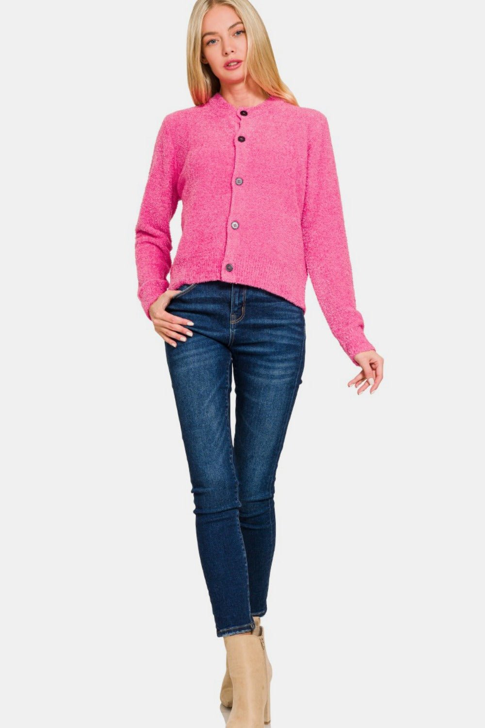 Zenana Button Down Long Sleeve Sweater Cardigan - Sweater - Fuchsia - Bella Bourget