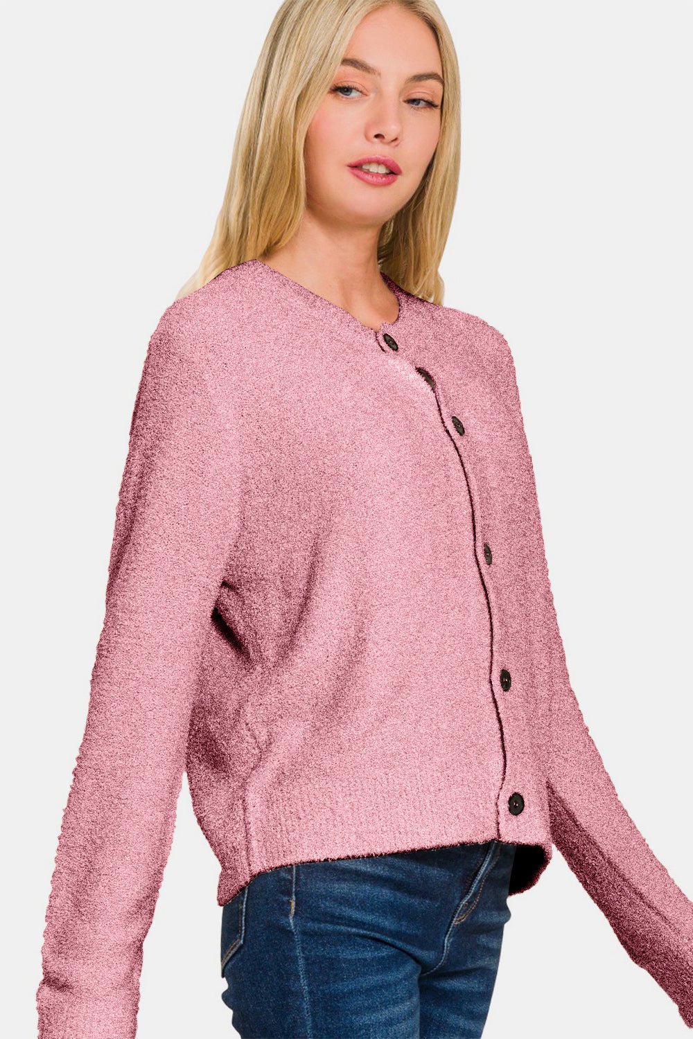 Zenana Button Down Long Sleeve Sweater Cardigan - Cardigan - Lt Rose - Bella Bourget