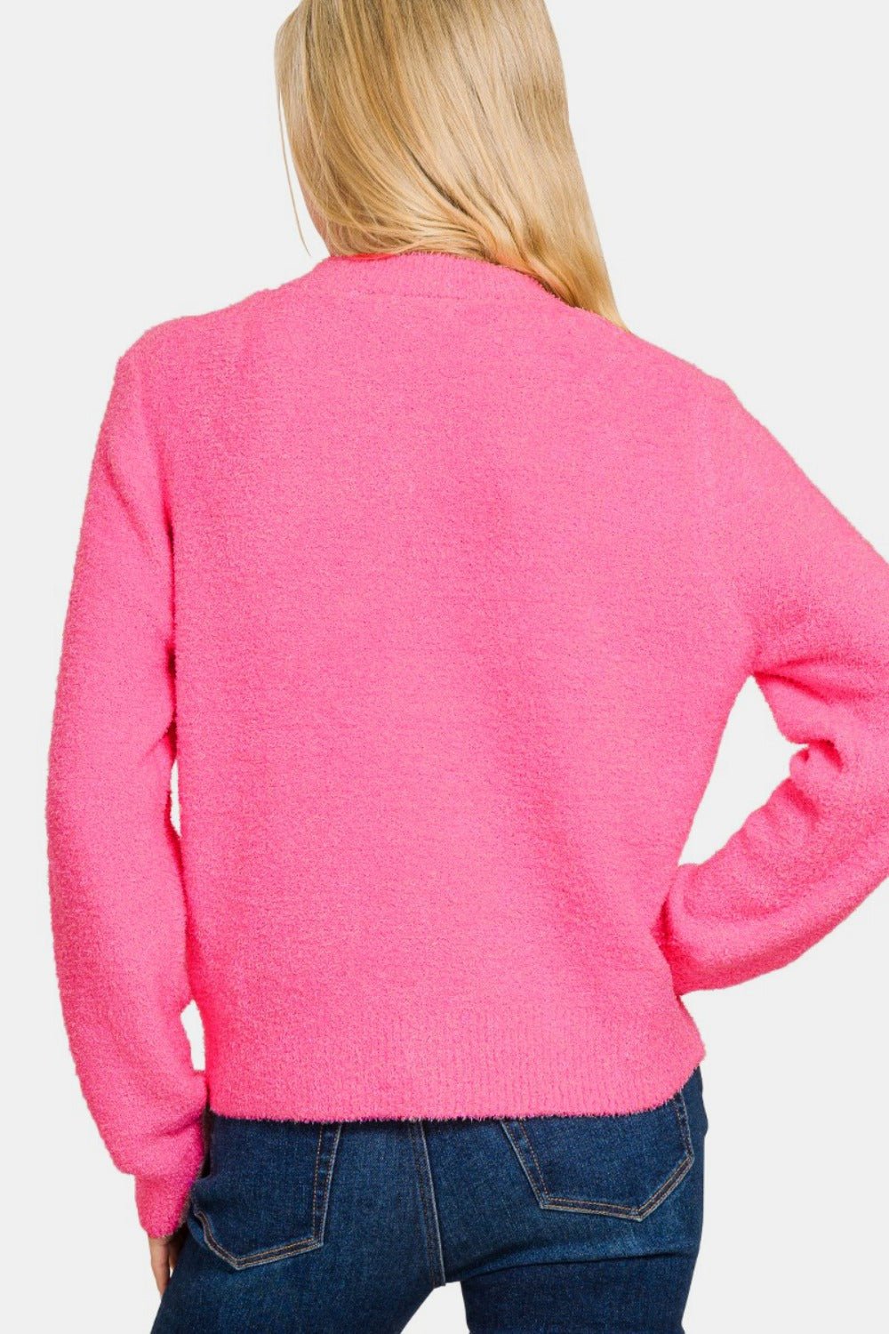 Zenana Button Down Long Sleeve Sweater Cardigan - Sweater - Fuchsia - Bella Bourget