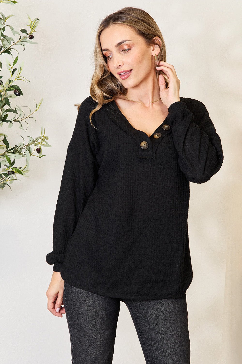 Zenana Buttoned Long Sleeve Blouse - Top - Black - Bella Bourget