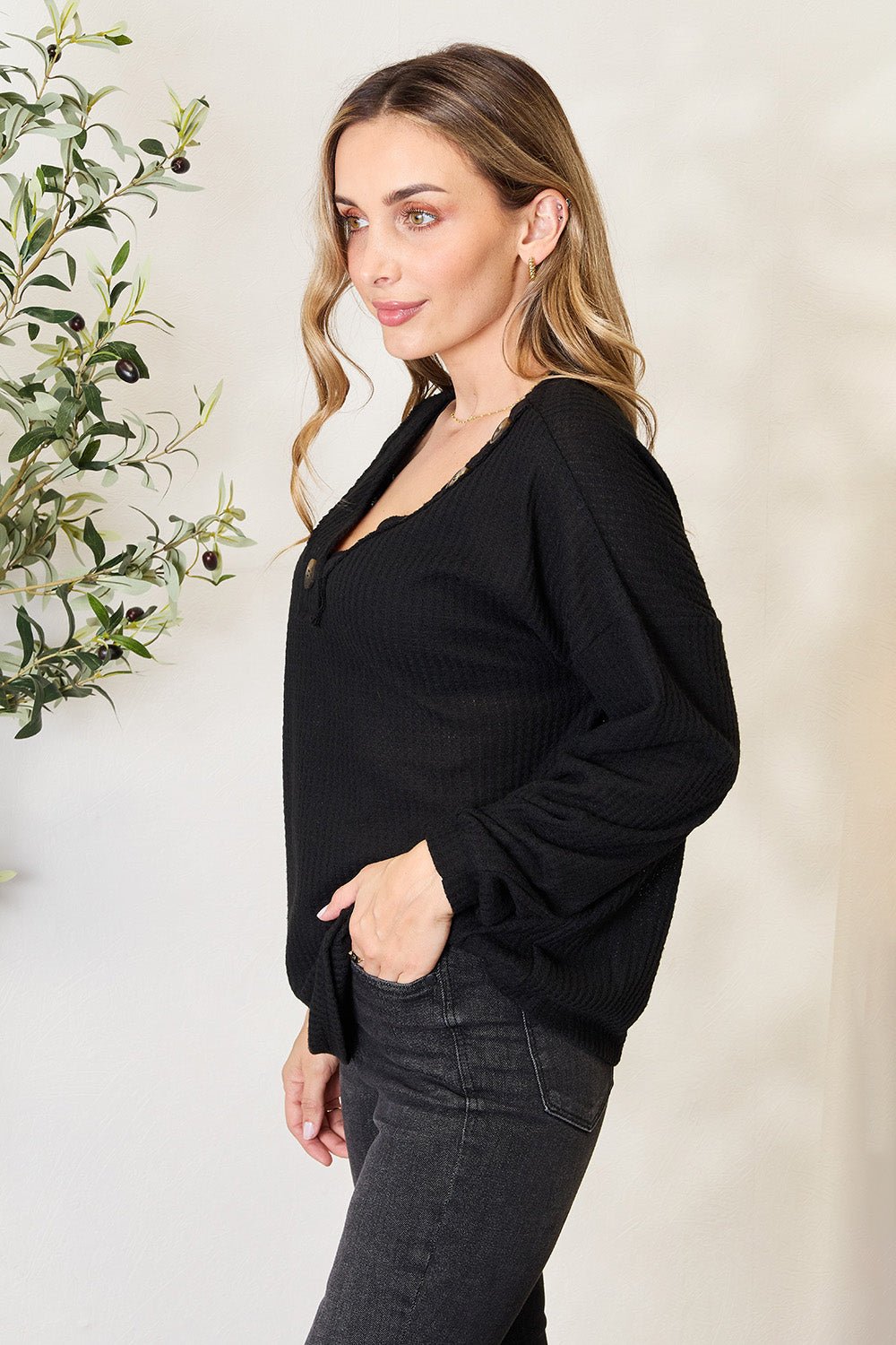 Zenana Buttoned Long Sleeve Blouse - Top - Black - Bella Bourget