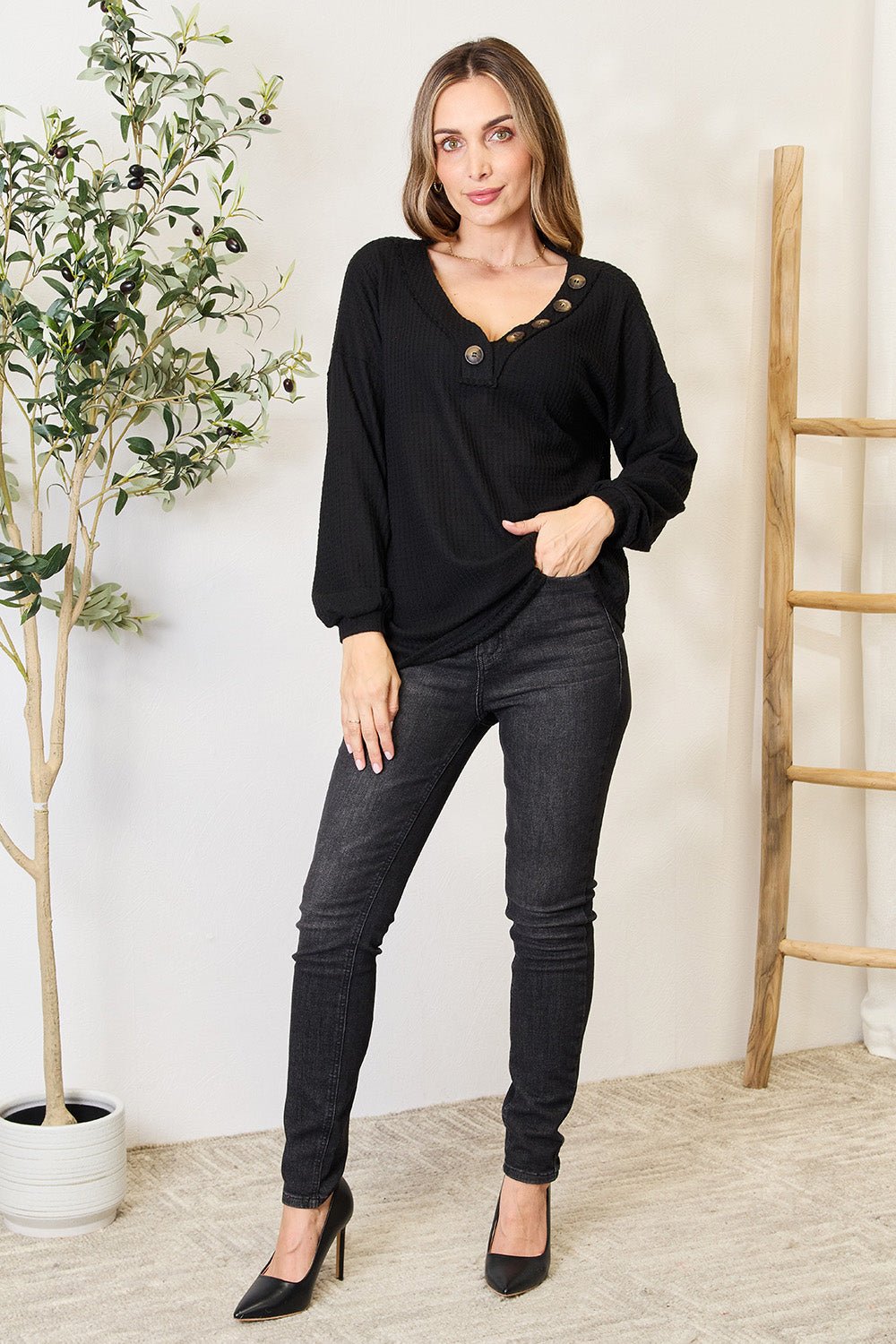 Zenana Buttoned Long Sleeve Blouse - Top - Black - Bella Bourget