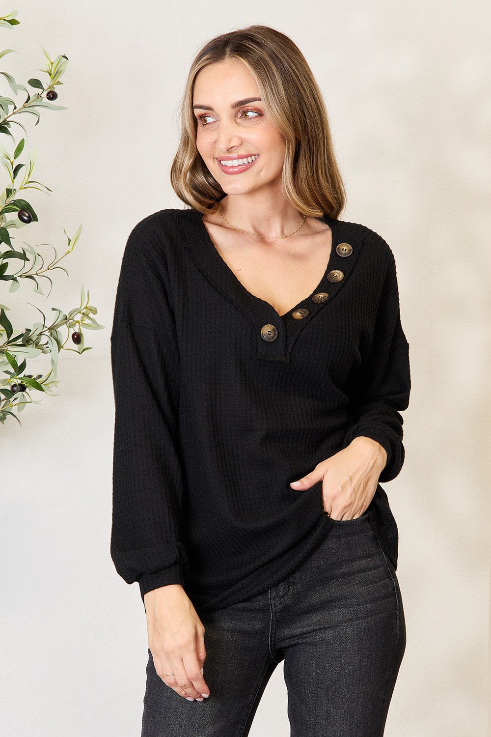 Zenana Buttoned Long Sleeve Blouse - Top - Black - Bella Bourget