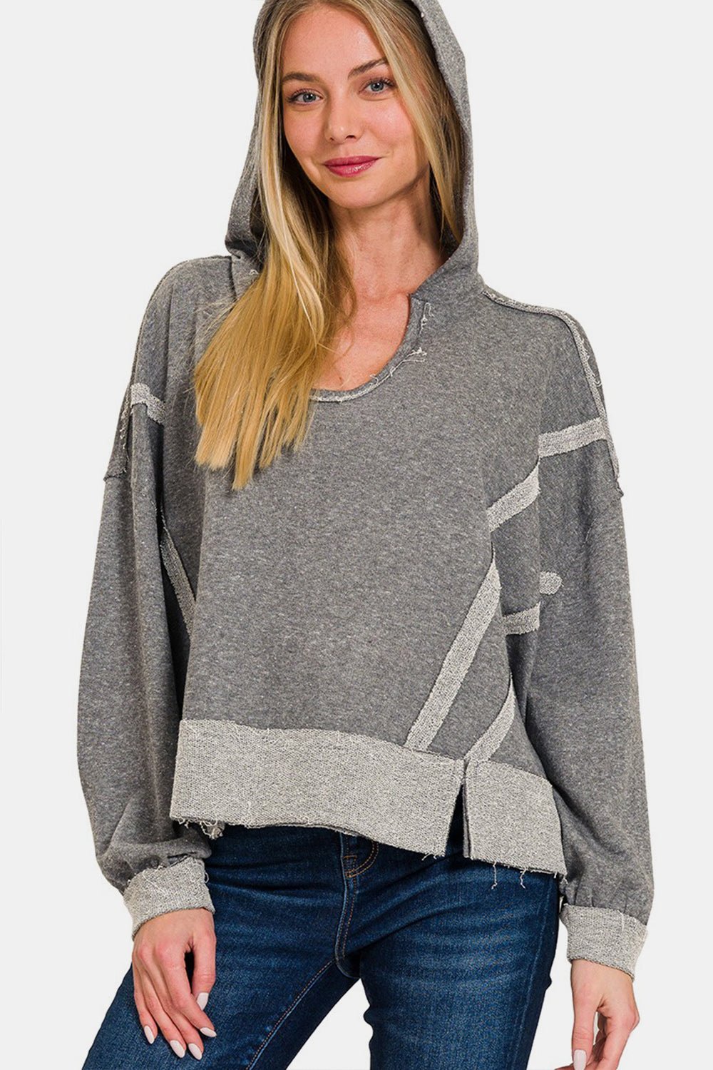 Zenana Contrast Trim Slit Hoodie - Tops - Dark Gray - Bella Bourget