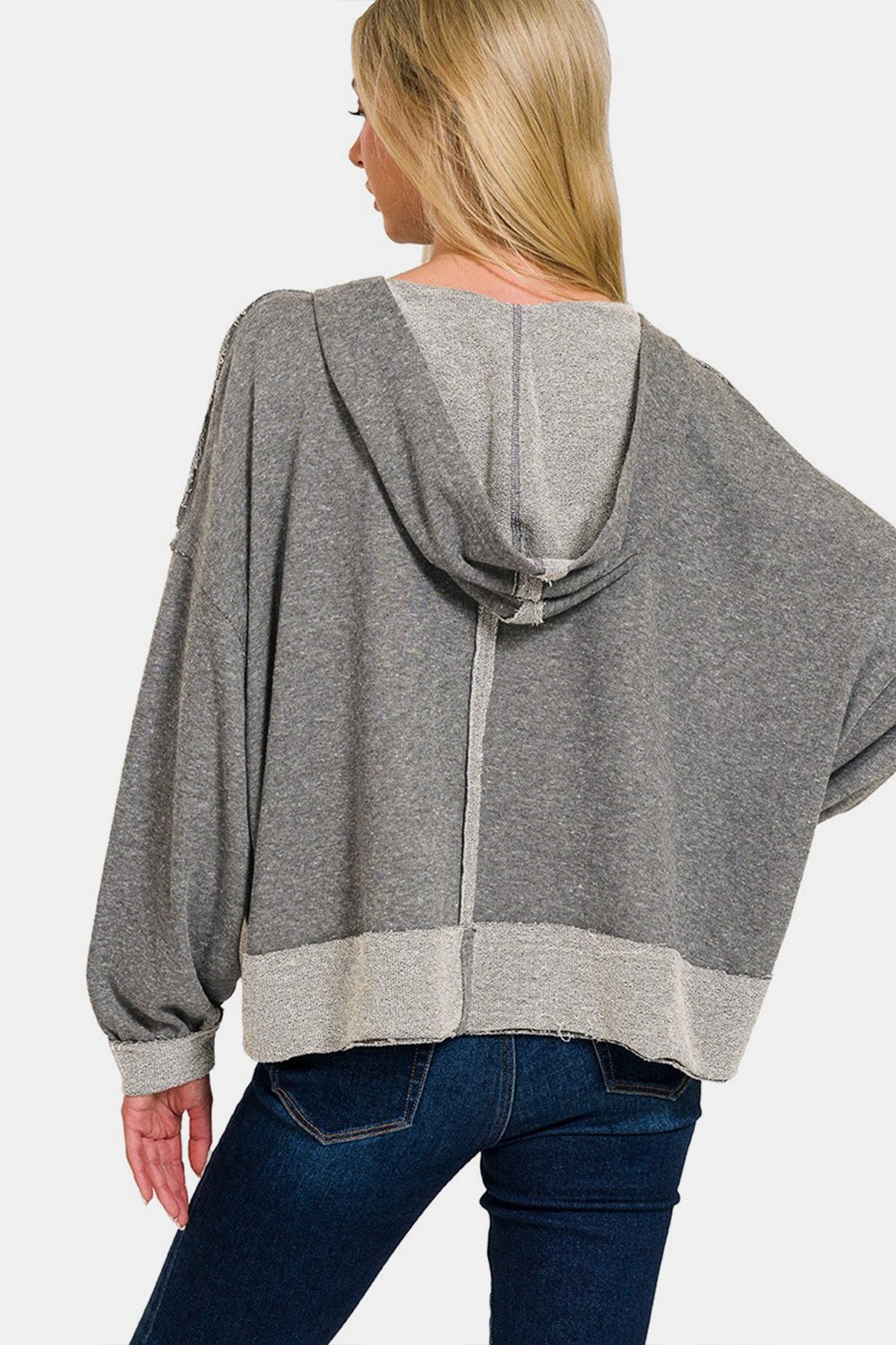 Zenana Contrast Trim Slit Hoodie - Tops - Dark Gray - Bella Bourget