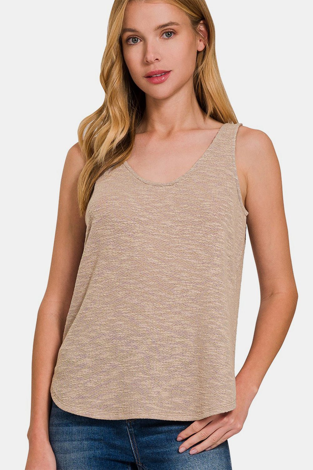 Zenana Curved Hem Round Neck Tank - Top - Lt Mocha - Bella Bourget