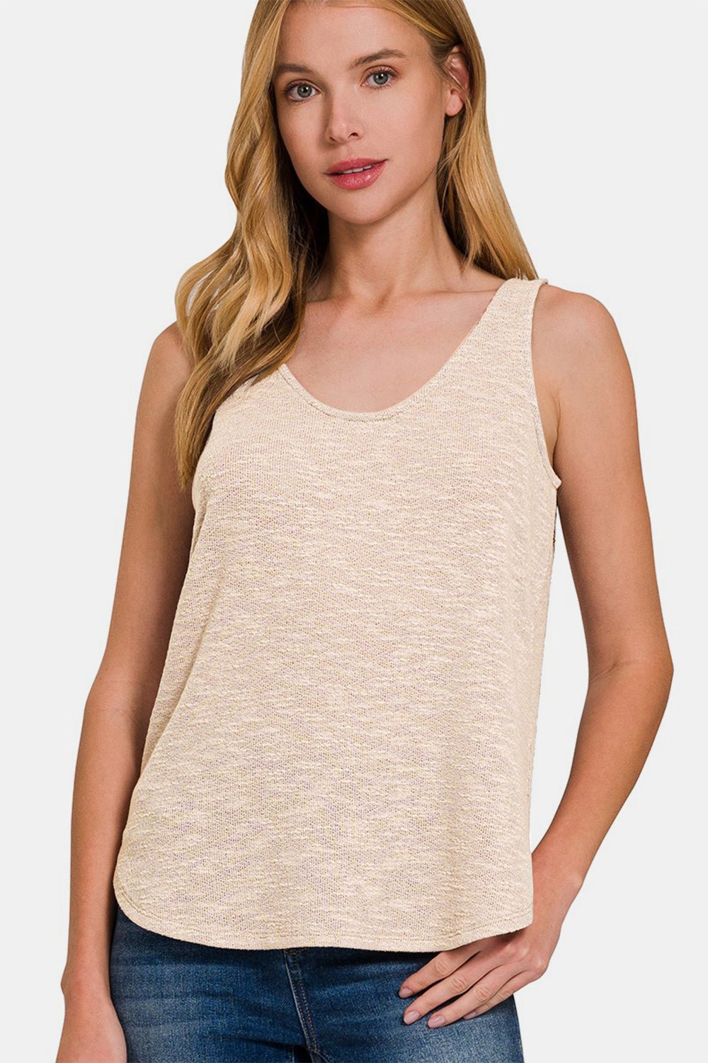 Zenana Curved Hem Round Neck Tank - Top - Sand Beige - Bella Bourget