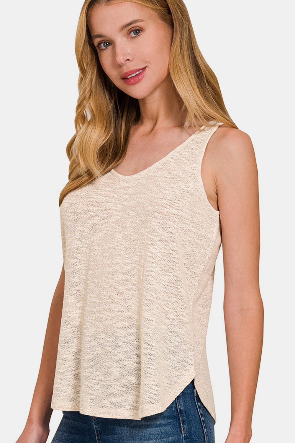 Zenana Curved Hem Round Neck Tank - Top - Sand Beige - Bella Bourget