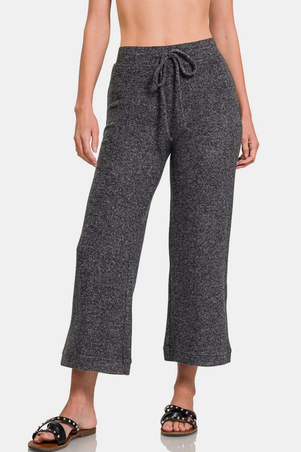 Zenana Drawstring Hacci Cropped Pants - Loungewear - Black - Bella Bourget