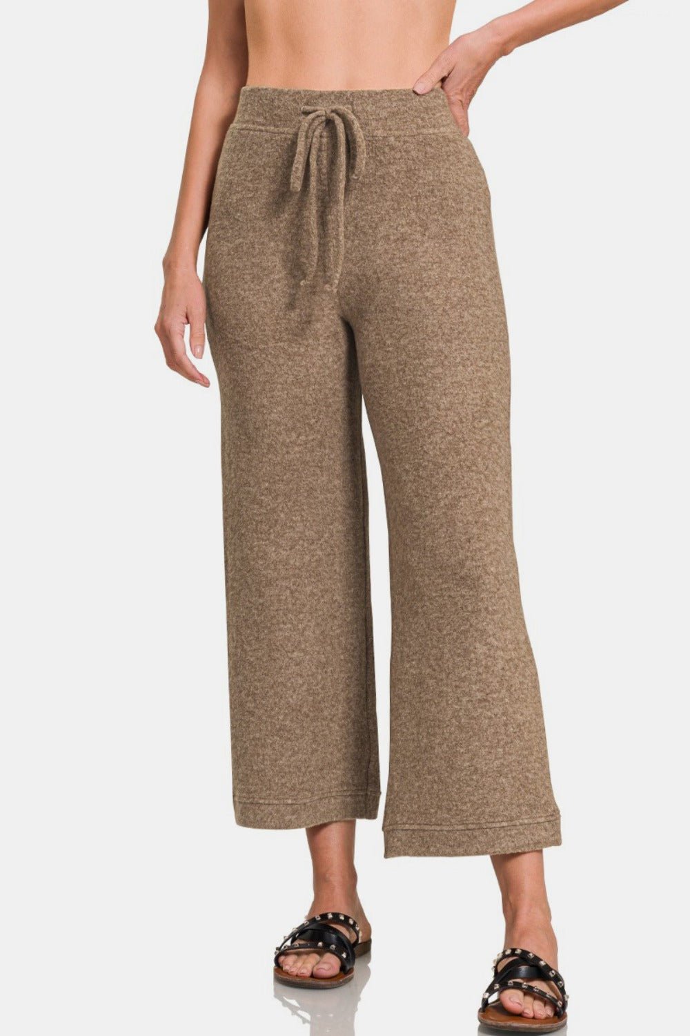 Zenana Drawstring Hacci Cropped Pants - Pants - Mocha - Bella Bourget