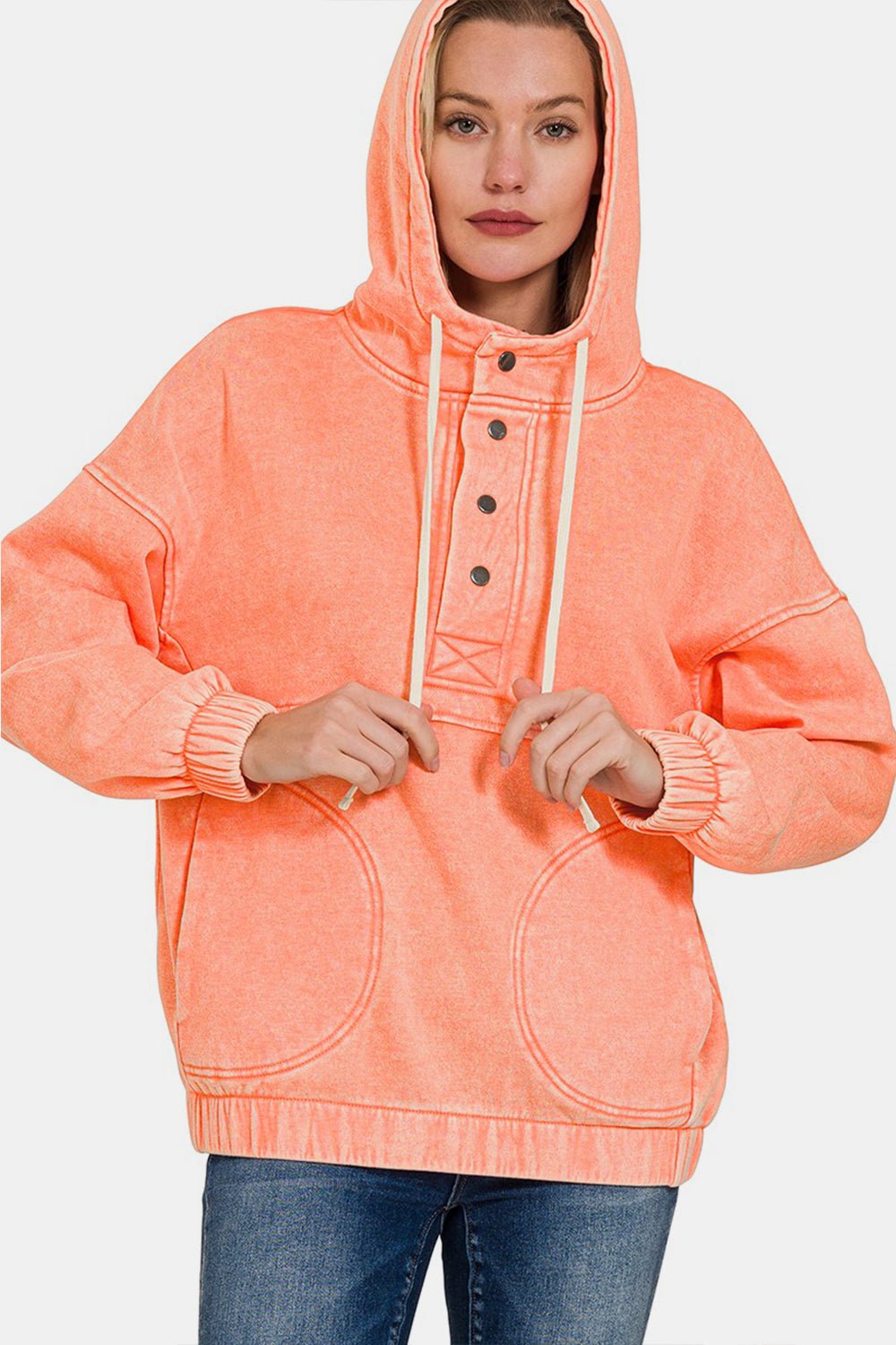 Zenana Drawstring Half Snap Dropped Shoulder Hoodie - Hoodie - CORAL - Bella Bourget