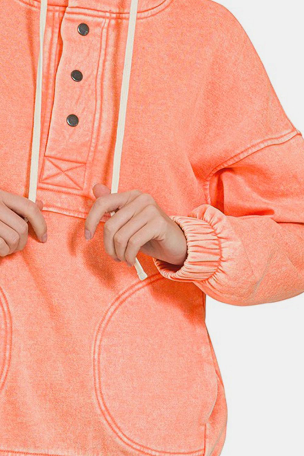 Zenana Drawstring Half Snap Dropped Shoulder Hoodie - Hoodie - CORAL - Bella Bourget