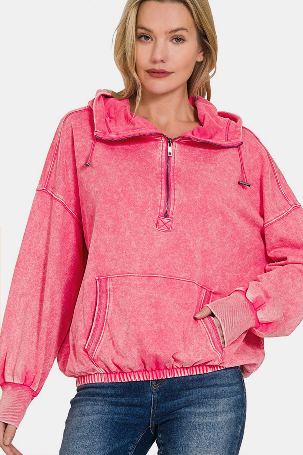 Zenana Drawstring Half Zip Dropped Shoulder Hoodie - Hoodie - FUCHSIA - Bella Bourget