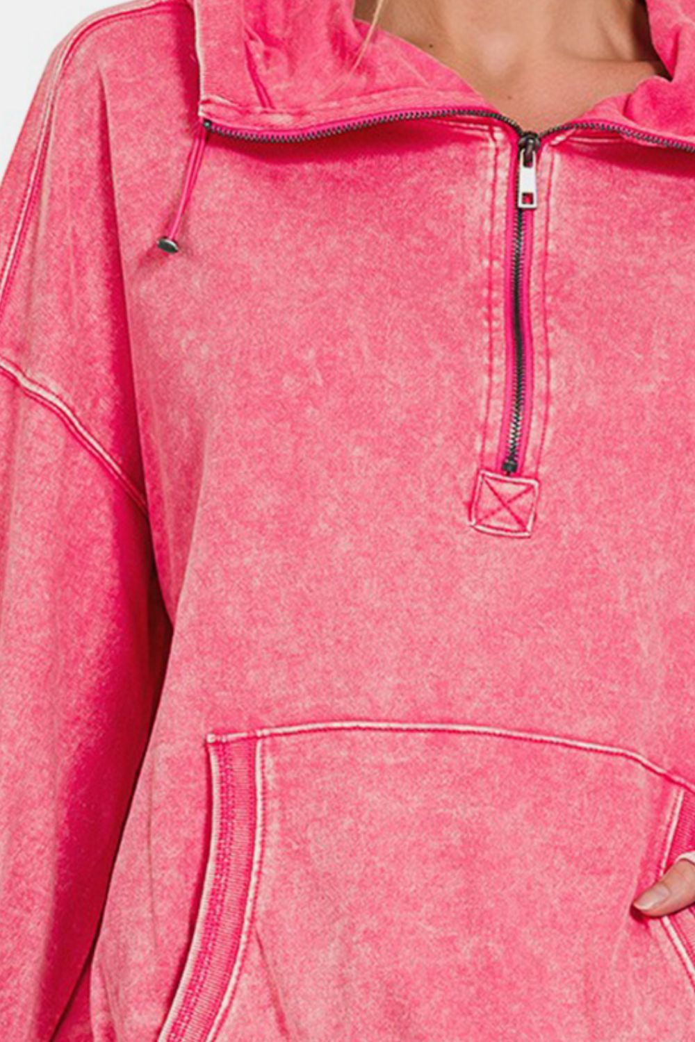 Zenana Drawstring Half Zip Dropped Shoulder Hoodie - Hoodie - FUCHSIA - Bella Bourget