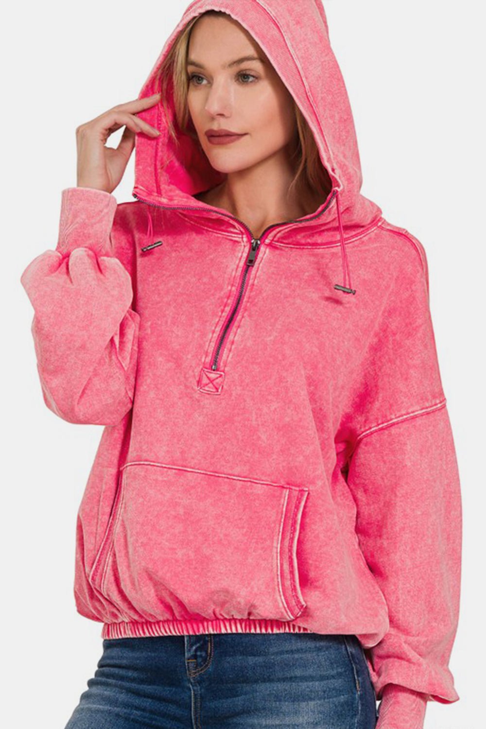 Zenana Drawstring Half Zip Dropped Shoulder Hoodie - Hoodie - FUCHSIA - Bella Bourget