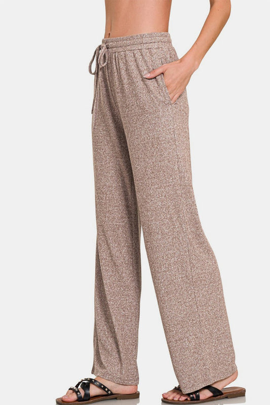 Zenana Drawstring Wide Leg Pants with Side Pockets - Loungewear - Brown - Bella Bourget