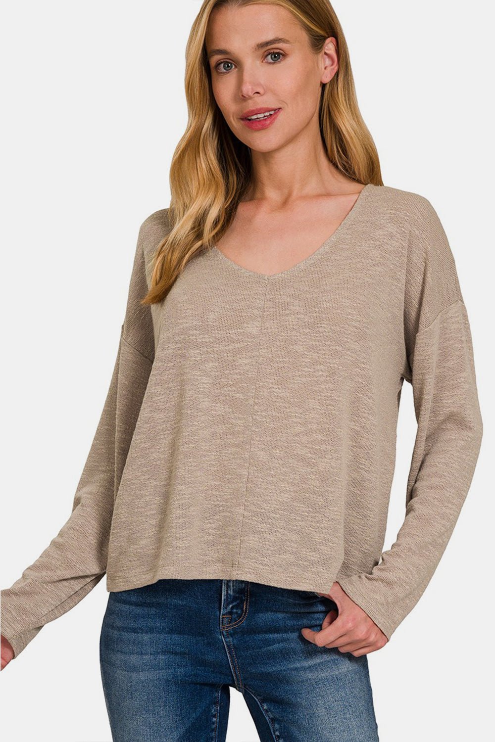 Zenana Dropped Shoulder Long Sleeve T - Shirt - Top - Lt Mocha - Bella Bourget