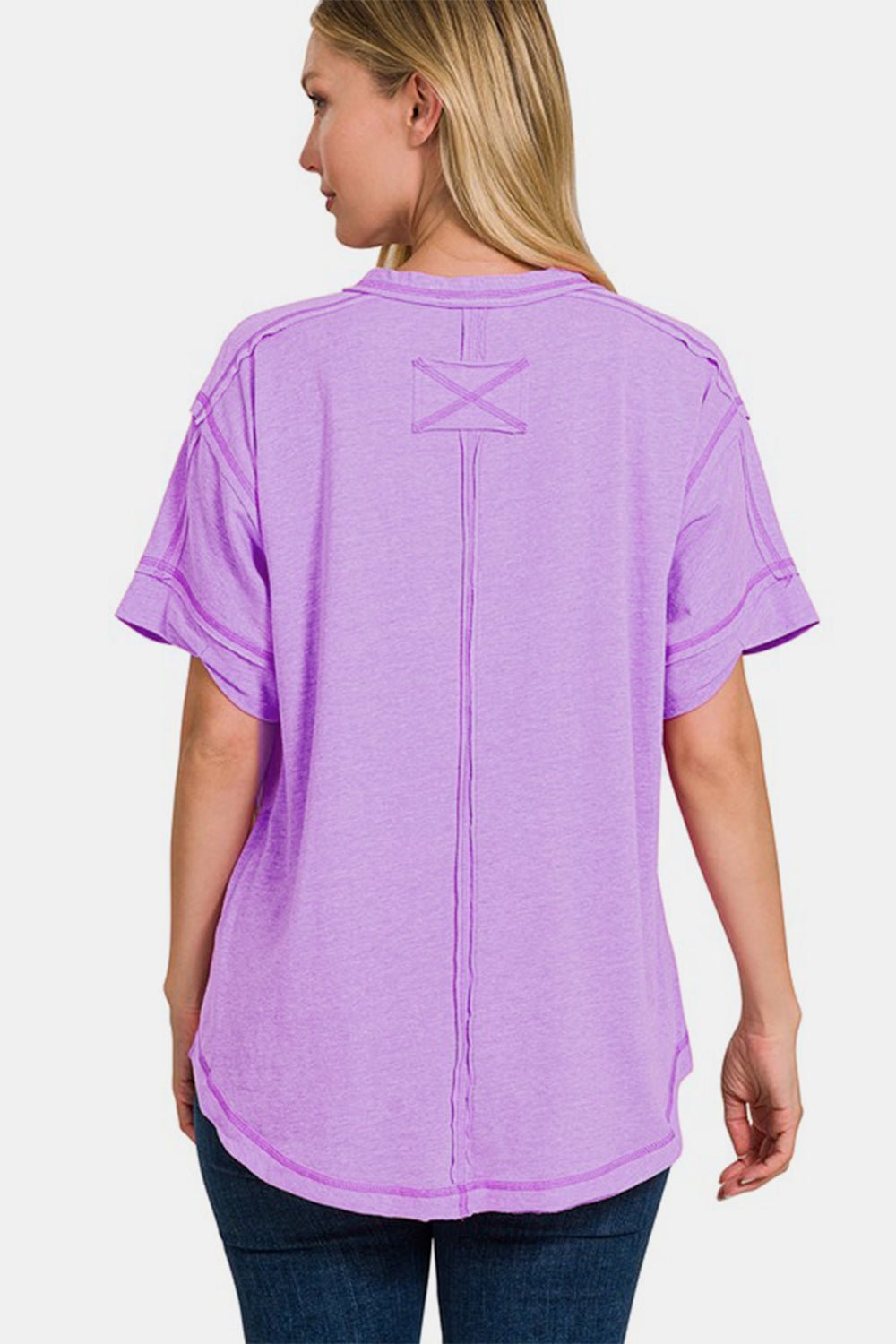 Zenana Exposed Seam Half Button Short Sleeve Top - Top - LAVENDER - Bella Bourget