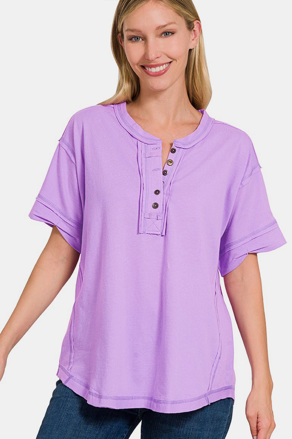 Zenana Exposed Seam Half Button Short Sleeve Top - Top - LAVENDER - Bella Bourget