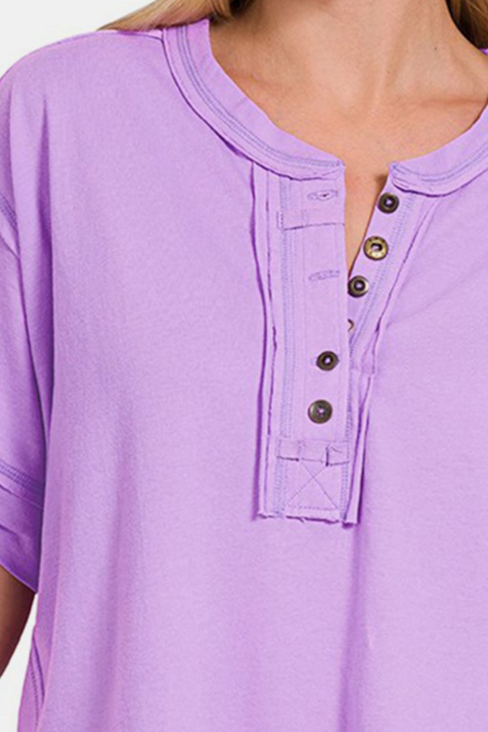 Zenana Exposed Seam Half Button Short Sleeve Top - Top - LAVENDER - Bella Bourget