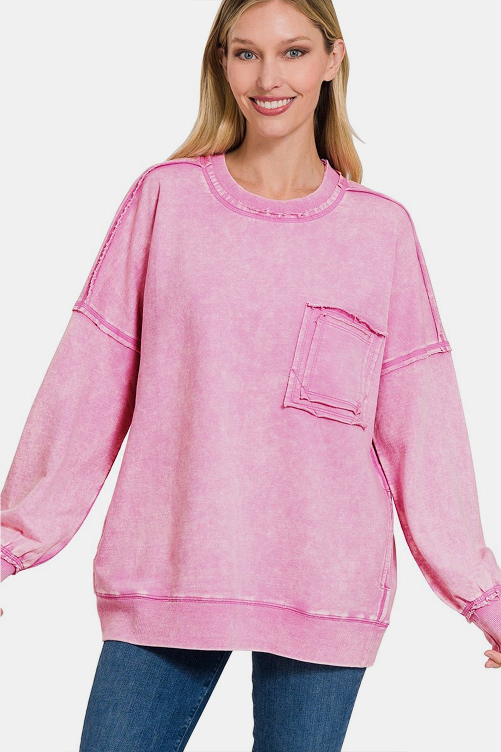 Zenana Exposed Seam Round Neck Dropped Shoulder Sweatshirt - Sweatshirt - MAUVE - Bella Bourget