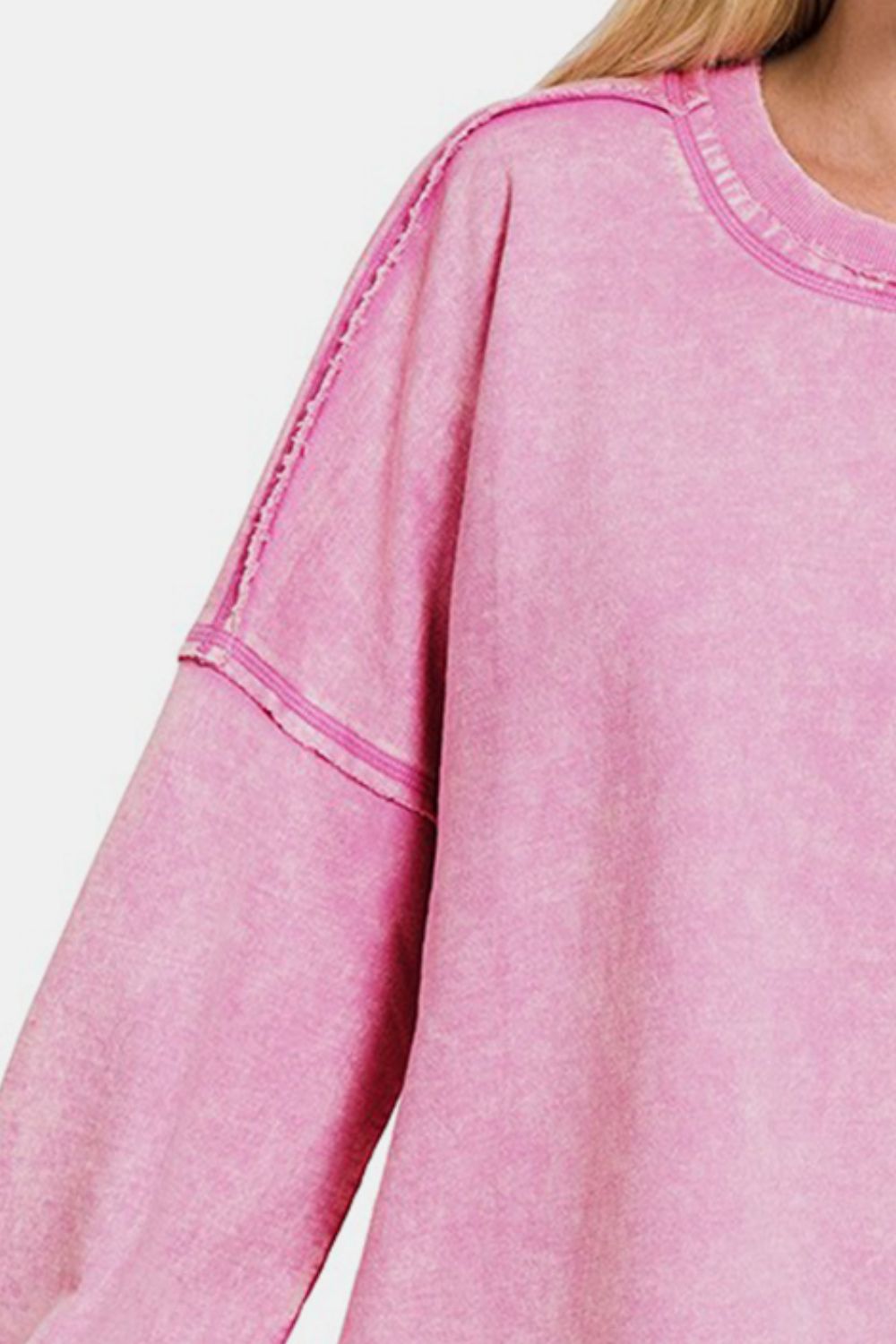 Zenana Exposed Seam Round Neck Dropped Shoulder Sweatshirt - Sweatshirt - MAUVE - Bella Bourget