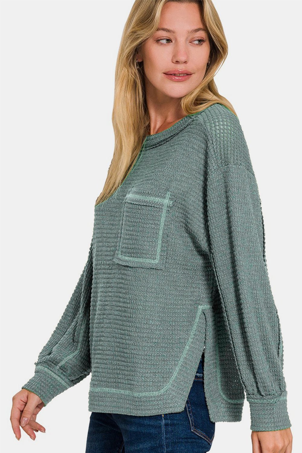 Zenana Exposed Seam Side Slit Long Sleeve Top - Sweater - Ash Jade - Bella Bourget