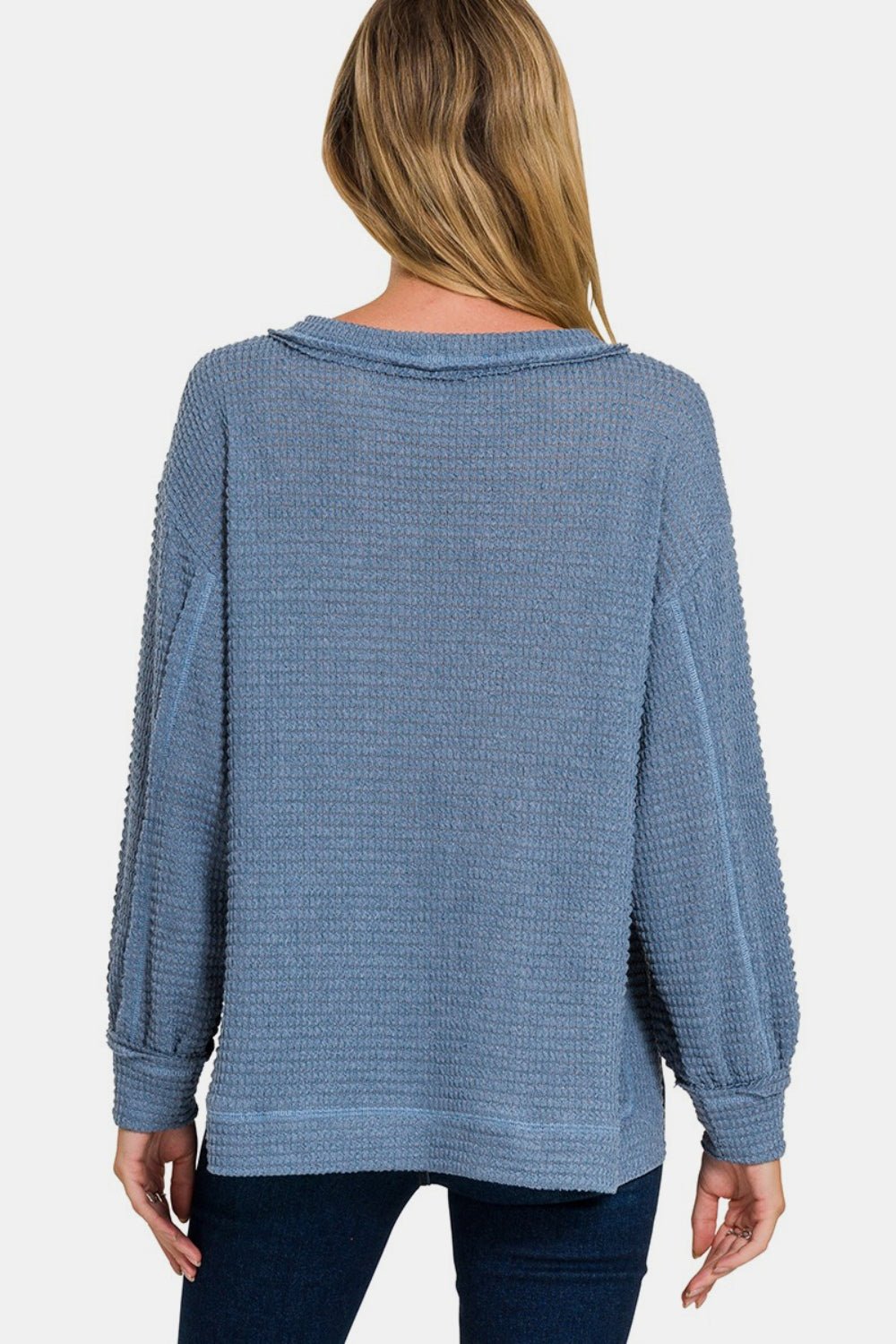 Zenana Exposed Seam Side Slit Long Sleeve Top - Sweater - Dusty Blue - Bella Bourget