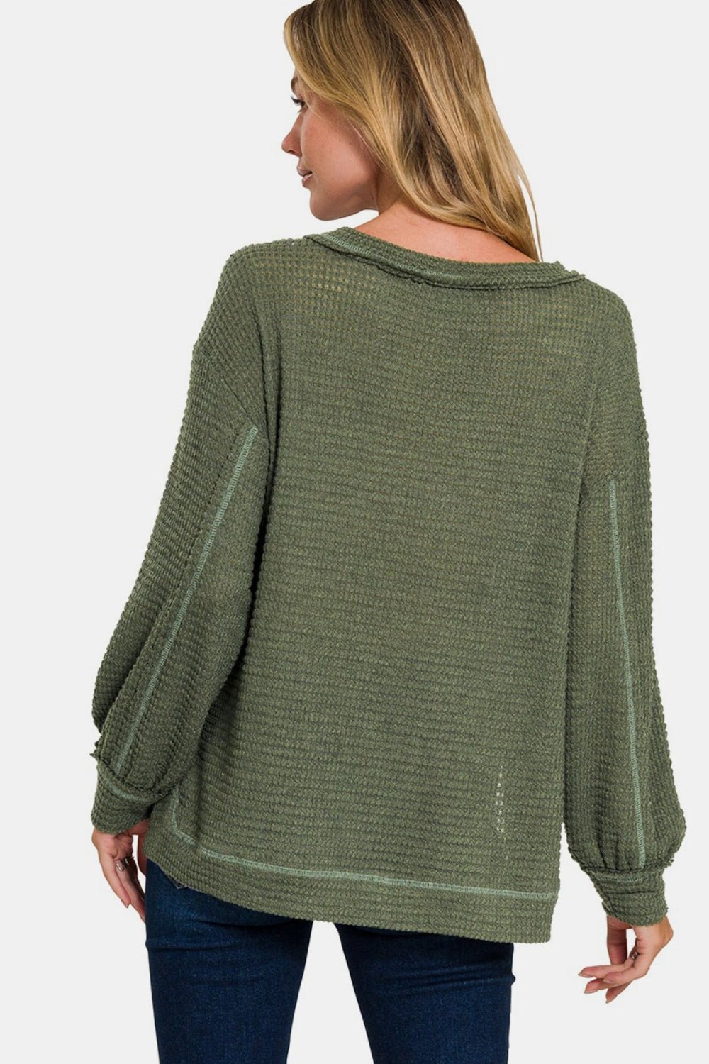 Zenana Exposed Seam Side Slit Long Sleeve Top - Sweater - Dk Olive - Bella Bourget