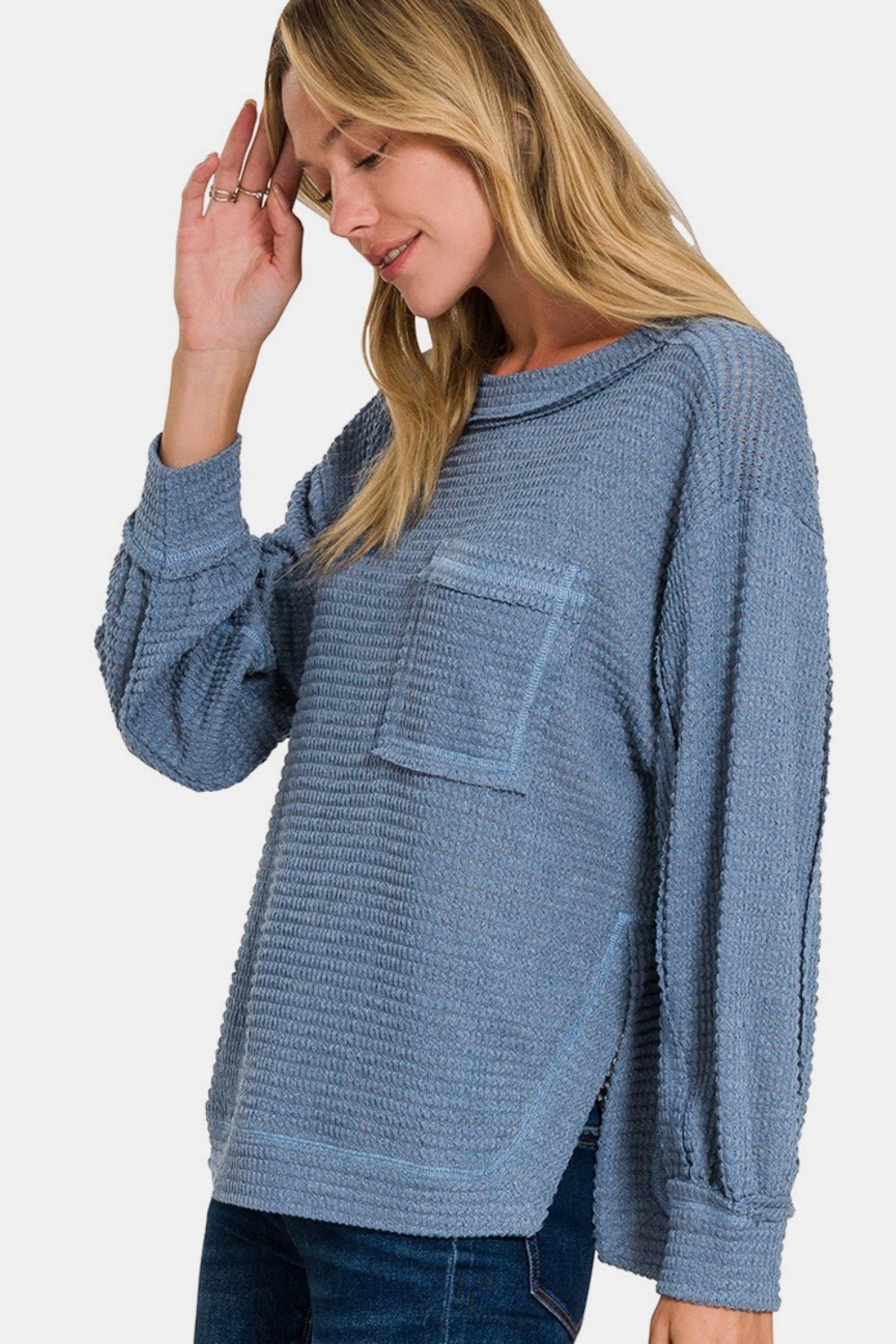 Zenana Exposed Seam Side Slit Long Sleeve Top - Sweater - Dusty Blue - Bella Bourget