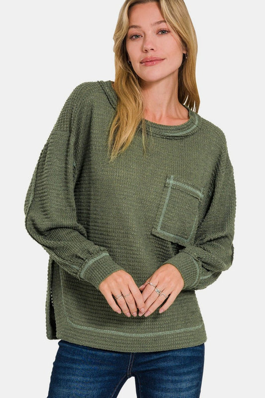 Zenana Exposed Seam Side Slit Long Sleeve Top - Sweater - Dk Olive - Bella Bourget