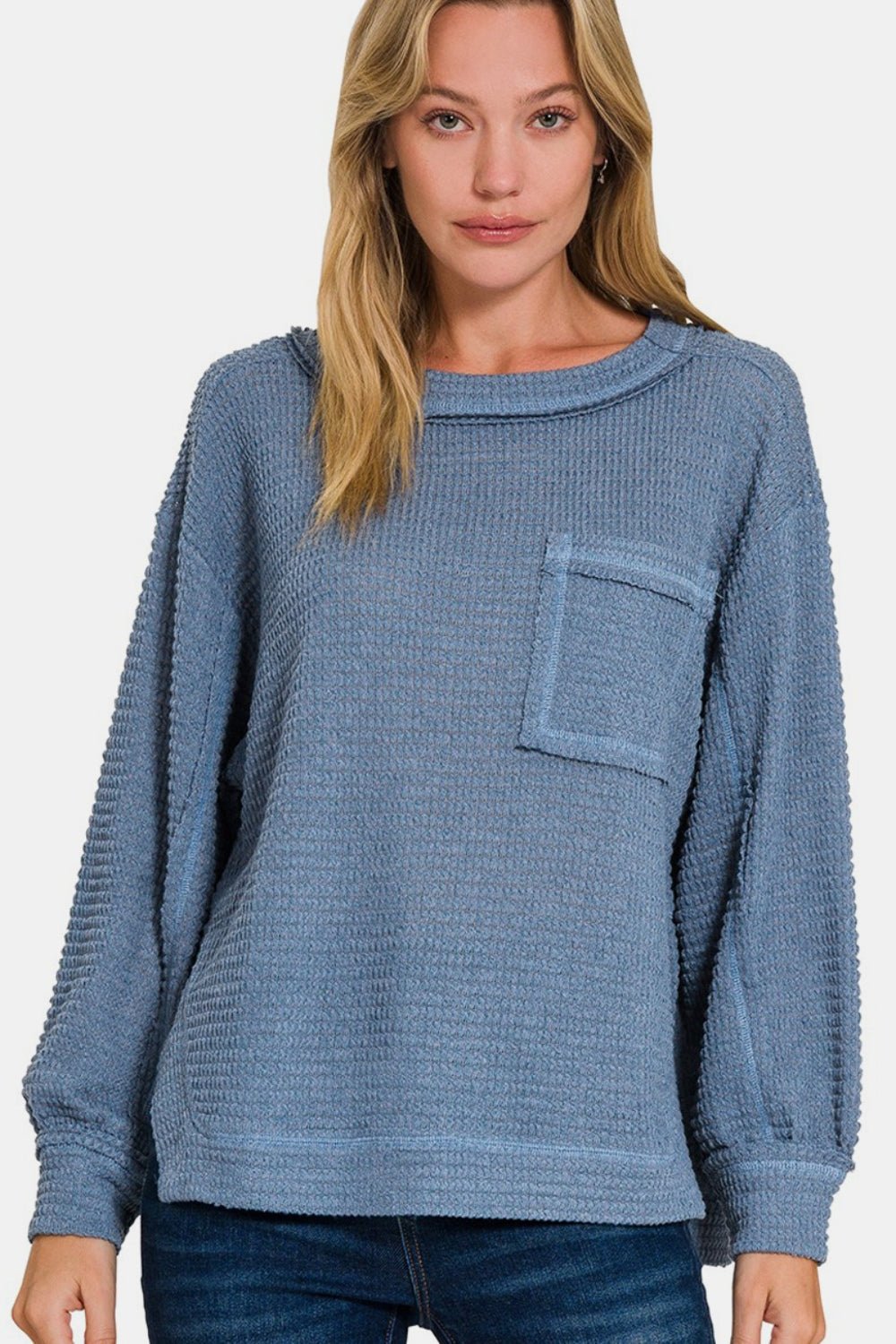 Zenana Exposed Seam Side Slit Long Sleeve Top - Sweater - Dusty Blue - Bella Bourget