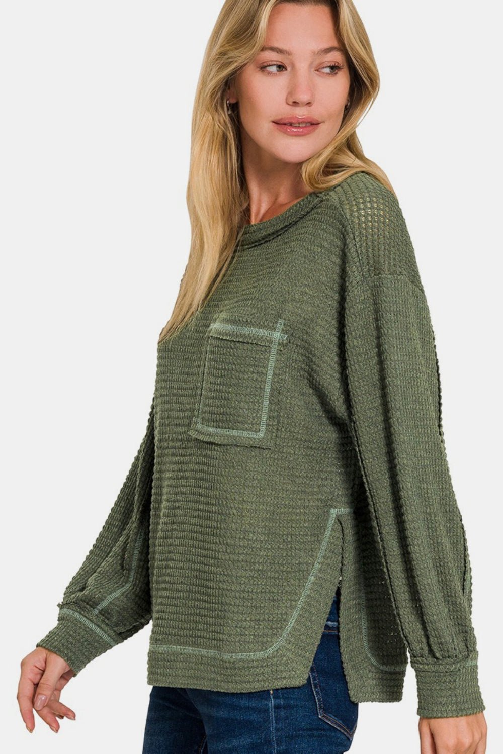 Zenana Exposed Seam Side Slit Long Sleeve Top - Sweater - Dk Olive - Bella Bourget