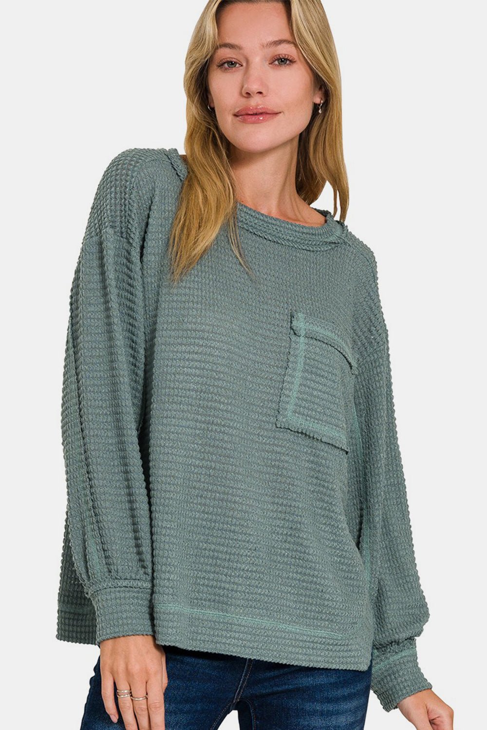 Zenana Exposed Seam Side Slit Long Sleeve Top - Sweater - Ash Jade - Bella Bourget