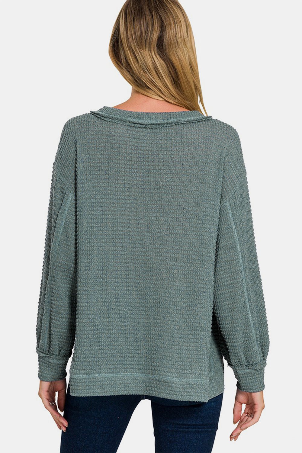 Zenana Exposed Seam Side Slit Long Sleeve Top - Sweater - Ash Jade - Bella Bourget