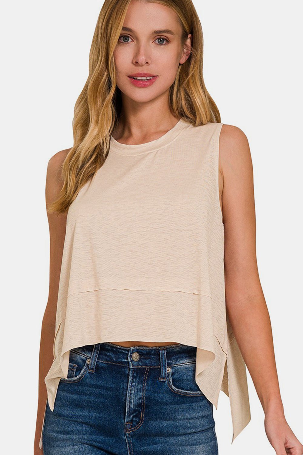 Zenana Exposed Seam Slit Round Neck Tank - Top - Sand Beige - Bella Bourget