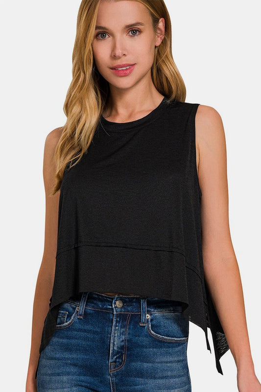 Zenana Exposed Seam Slit Round Neck Tank - Top - Black - Bella Bourget