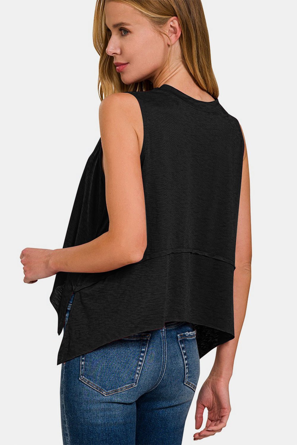 Zenana Exposed Seam Slit Round Neck Tank - Top - Black - Bella Bourget