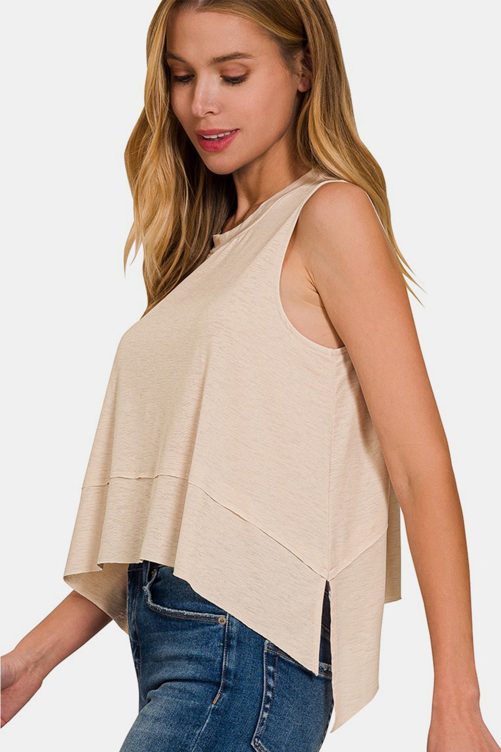 Zenana Exposed Seam Slit Round Neck Tank - Top - Sand Beige - Bella Bourget